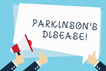 Conceptual hand writing showing Parkinson S Is Disease. Concept meaning nervous system disorder that affects movement Hand Holding Megaphone and Gesturing Thumbs Up Text Balloon