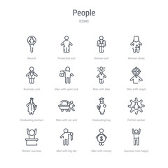 set of 16 people concept vector line icons such as success man happy, man with money, man with big key, worker success, perfect worker, graduating boy, with car and suitcase, graduating woman. 64x64