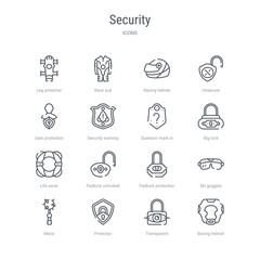 set of 16 security concept vector line icons such as boxing helmet, transparent, protector, mace, ski goggles, padlock protection active, padlock unlocked, life saver. 64x64 thin stroke icons