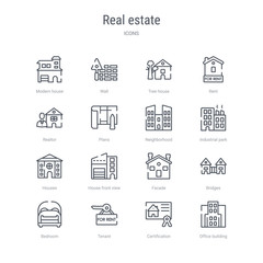set of 16 real estate concept vector line icons such as office building, certification, tenant, bedroom, bridges, facade, house front view, houses. 64x64 thin stroke icons