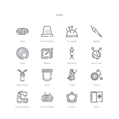 set of 16 sew concept vector line icons such as fabric, leather, spool of thread, sewing machine, crochet, thread, pocket, slide fastener. 64x64 thin stroke icons