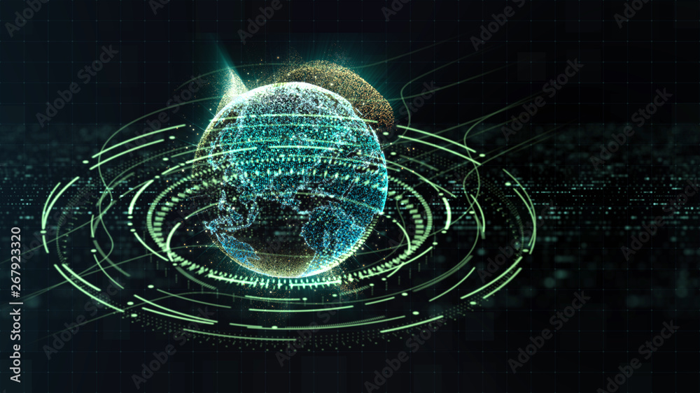 Aufkleber Futuristic motion graphic user interface head up display screen with Holographic Earth and digital data telemetry information display for digital background computer desktop display screen