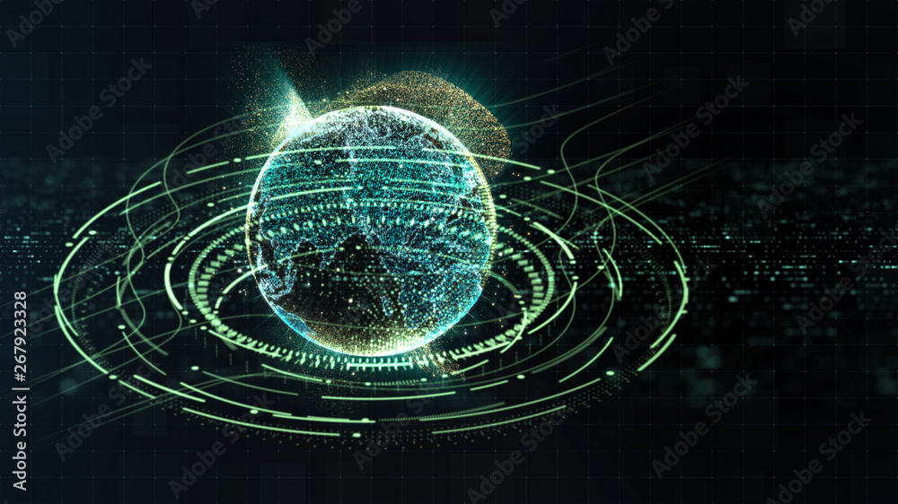 Aufkleber Futuristic motion graphic user interface head up display screen with Holographic Earth and digital data telemetry information display for digital background computer desktop display screen