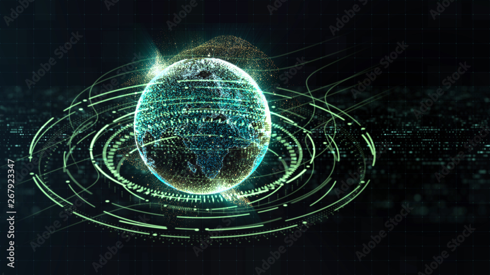 Aufkleber Futuristic motion graphic user interface head up display screen with Holographic Earth and digital data telemetry information display for digital background computer desktop display screen