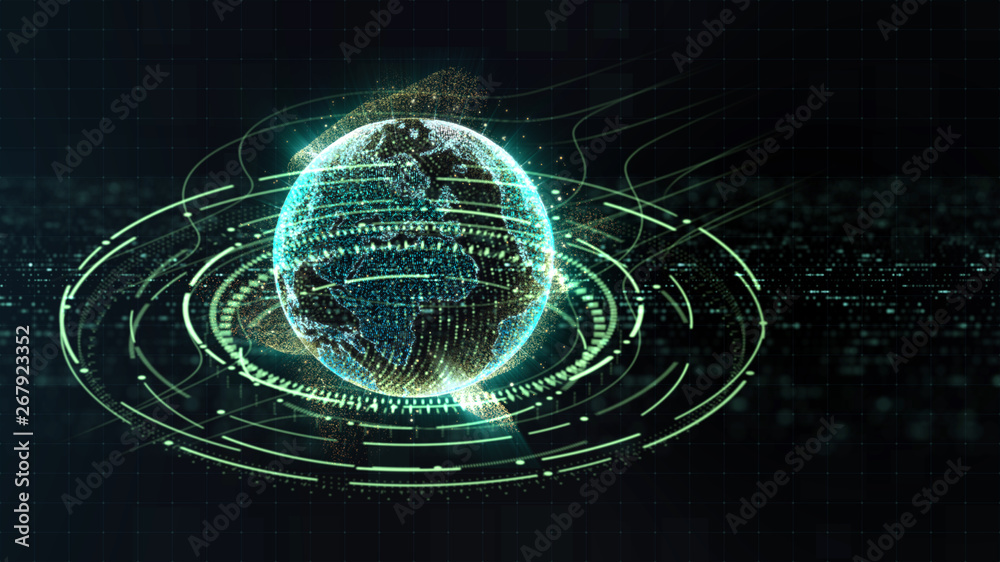 Aufkleber Futuristic motion graphic user interface head up display screen with Holographic Earth and digital data telemetry information display for digital background computer desktop display screen
