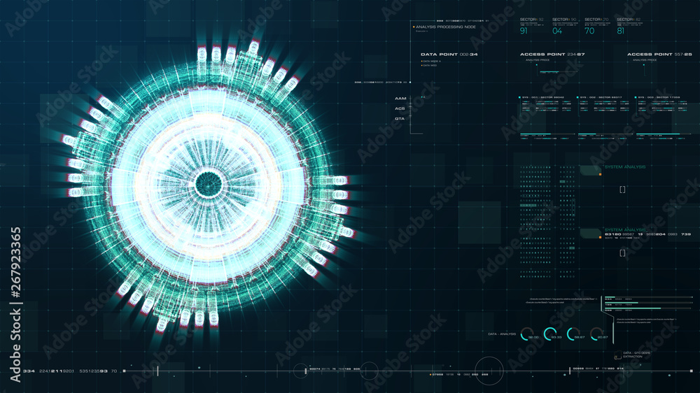 Poster Advance motion graphic futuristic user interface head up display screen with Holographic electromagnetic engine with gravitational fields energy particles wave and digital data telemetry information