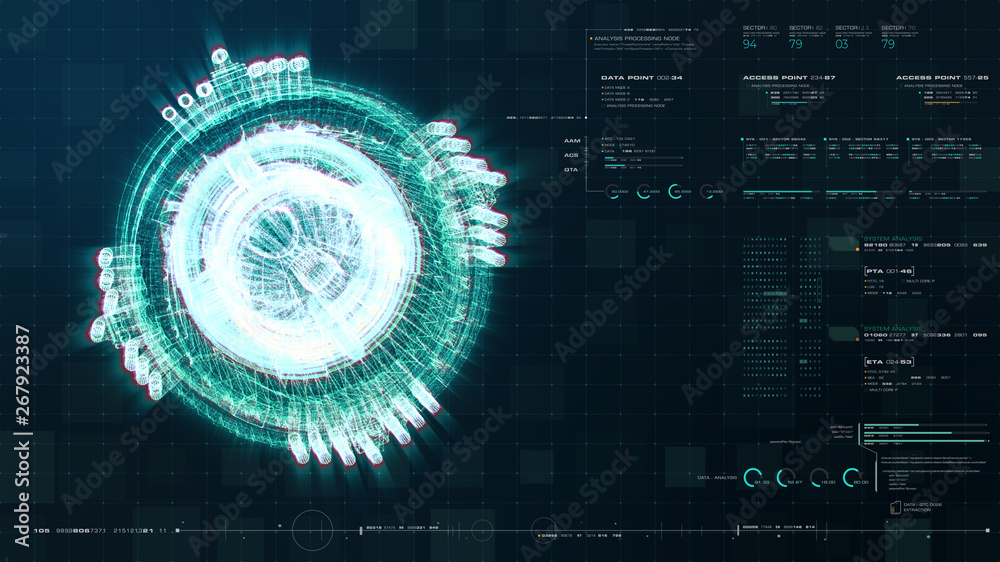 Aufkleber Advance motion graphic futuristic user interface head up display screen with Holographic electromagnetic engine with gravitational fields energy particles wave and digital data telemetry information