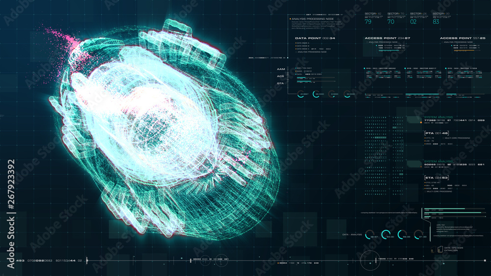 Poster Advance motion graphic futuristic user interface head up display screen with Holographic electromagnetic engine with gravitational fields energy particles wave and digital data telemetry information
