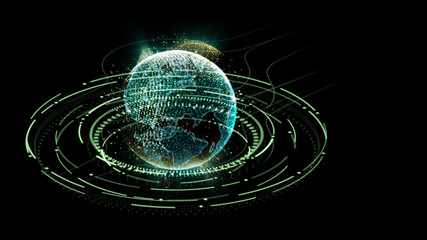 Futuristic motion graphic user interface head up display screen with Holographic Earth and digital data telemetry information display for digital background computer desktop display screen
