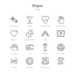 set of 16 shapes concept vector line icons such as  , handle with care, net contents, cut here, non recyclable, breakeable, foto, open folder. 64x64 thin stroke icons