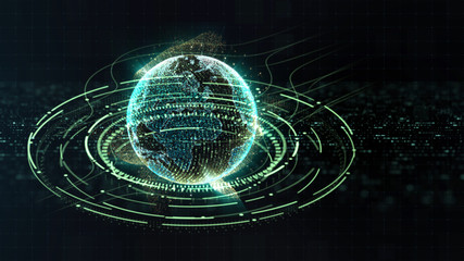 Futuristic motion graphic user interface head up display screen with Holographic Earth and digital data telemetry information display for digital background computer desktop display screen