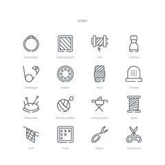 set of 16 sew concept vector line icons such as cutting tool, ripper, arras, knit, spool, ironing board, knitting neddles, pincushion. 64x64 thin stroke icons