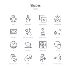 set of 16 shapes concept vector line icons such as favorite wireles conecction, lover, 360, geometry cube, poligon, dot square, parabola, z. 64x64 thin stroke icons