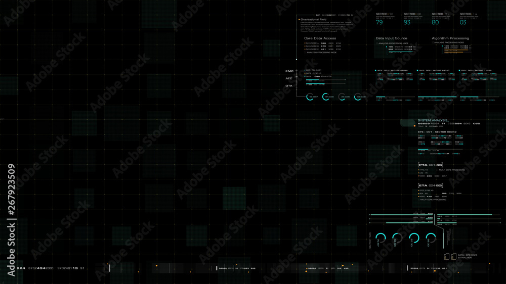Aufkleber Futuristic source code digital data telemetry motion graphic display screen with user interface display for digital background computer desktop display screen