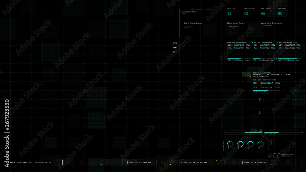 Poster Futuristic source code digital data telemetry motion graphic display screen with user interface display for digital background computer desktop display screen