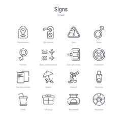 set of 16 signs concept vector line icons such as radiation, restaurant, gift shop, drink, suitcase, kitesurf, beach, text documents. 64x64 thin stroke icons