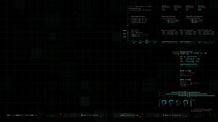 Futuristic source code digital data telemetry motion graphic display screen with user interface display for digital background computer desktop display screen