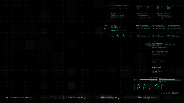 Futuristic source code digital data telemetry motion graphic display screen with user interface display for digital background computer desktop display screen