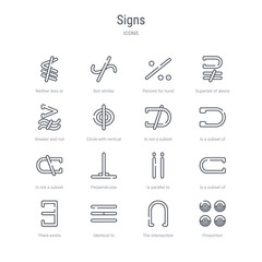set of 16 signs concept vector line icons such as proportion, the intersection of, identical to, there exists, is a subset of, is parallel to, perpendicular, is not a subset. 64x64 thin stroke icons