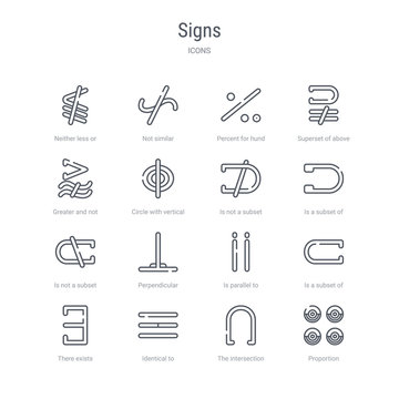set of 16 signs concept vector line icons such as proportion, the intersection of, identical to, there exists, is a subset of, is parallel to, perpendicular, is not a subset. 64x64 thin stroke icons