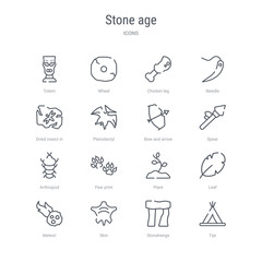 set of 16 stone age concept vector line icons such as tipi, stonehenge, skin, meteor, leaf, plant, paw print, arthropod. 64x64 thin stroke icons © zaurrahimov