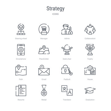 set of 16 strategy concept vector line icons such as graduation, translator, medal, resume, house, padlock, email, path. 64x64 thin stroke icons