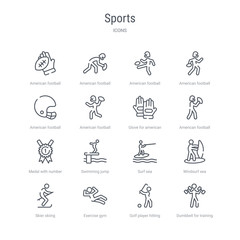 set of 16 sports concept vector line icons such as dumbbell for training, golf player hitting, exercise gym, skier skiing, windsurf sea, surf sea, swimming jump, medal with number 1. 64x64 thin