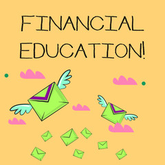 Word writing text Financial Education. Business photo showcasing education and understanding of various financial areas Many Colorful Airmail Flying Letter Envelopes and Two of Them with Wings