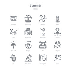 set of 16 summer concept vector line icons such as island, travel guide, mountains, fig, flippers, bar, sangria, disc golf. 64x64 thin stroke icons