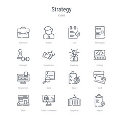 set of 16 strategy concept vector line icons such as report, logistics, video conference, store, card, goal, data, responsive. 64x64 thin stroke icons