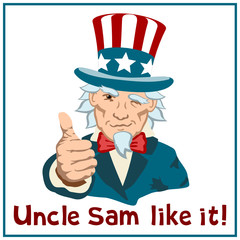Smiling uncle Sam shows thumb up like and text