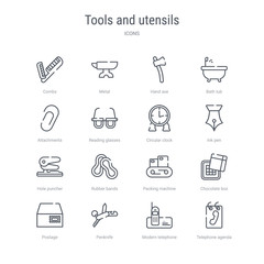 set of 16 tools and utensils concept vector line icons such as telephone agenda, modern telephone, penknife, postage, chocolate box, packing machine, rubber bands, hole puncher. 64x64 thin stroke