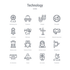 set of 16 technology concept vector line icons such as parabolic, air cooler, hood, air direction, straight air, kitchen timer, science fiction, battery level. 64x64 thin stroke icons