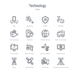 set of 16 technology concept vector line icons such as broadcast communications tower, world news, space satellite, media, worlwide news, news via satellite, radio journalism, tv and satellite.