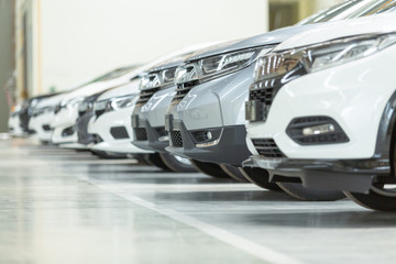 Cars For Sale, Automotive Industry, Cars Dealership Parking Lot. Rows of Brand New Vehicles Awaiting New Owners, on the epoxy floor in new car service