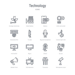 set of 16 technology concept vector line icons such as microphone voice, transistor, old television, modern horn, go pro, chairs, big tv, hd monitor. 64x64 thin stroke icons