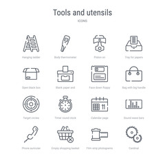 set of 16 tools and utensils concept vector line icons such as cardinal, film strip photograms, empty shopping basket, phone auricular with cable, sound wave bars, calendar page, timer round clock,