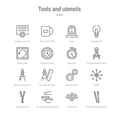 set of 16 tools and utensils concept vector line icons such as two crossed chopsticks from japan, tessen fan, two bowls and chopsticks, chopsticks set, radial, settings gears, compass and ruler for