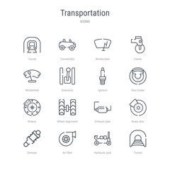 set of 16 transportation concept vector line icons such as tunnel, hydraulic jack, air filter, damper, brake disc, exhaust pipe, wheel alignment, brakes. 64x64 thin stroke icons