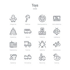 set of 16 toys concept vector line icons such as duck toy, ride on toy, fire truck toy, bucket submarine spider truck telephone 64x64 thin stroke icons