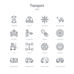 set of 16 transport concept vector line icons such as loaded truck side view, heavy vehicle, recycling truck, road sweeper, steering, gearshift, chassis, lifter. 64x64 thin stroke icons