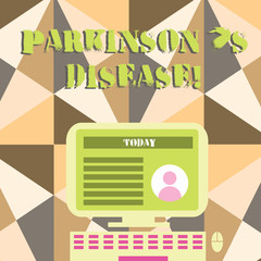 Word writing text Parkinson S Is Disease. Business photo showcasing nervous system disorder that affects movement Desktop Computer Mounted on Stand with Online Profile Data on Monitor Screen