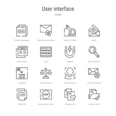 set of 16 user interface concept vector line icons such as unlock folder, multiple file, square stop button, blank file, unlock envelope, face detection, white balance, tungsten. 64x64 thin stroke