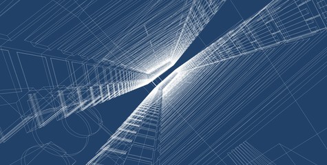 3D illustration architecture building perspective lines.