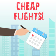 Word writing text Cheap Flights. Business photo showcasing costing little money or less than is usual or expected airfare