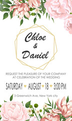Wedding floral invite, invtation, save the date card design. card with peonies and pink flowers, wedding invitation © Екатерина Рушева