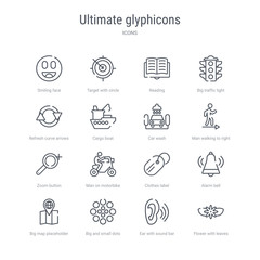 set of 16 ultimate glyphicons concept vector line icons such as flower with leaves, ear with sound bar, big and small dots, big map placeholder, alarm bell, clothes label, man on motorbike, zoom