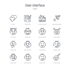set of 16 user interface concept vector line icons such as in love smile, smile smile, smiling crying winking joyful sceptic wink 64x64 thin stroke icons
