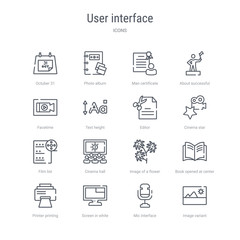 set of 16 user interface concept vector line icons such as image variant, mic interface, screen in white, printer printing squares, book opened at center, image of a flower, cinema hall, film list.