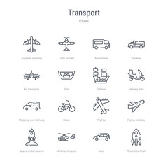 set of 16 transport concept vector line icons such as rocket vertical position, auto, medical chopper transport, space rocket launch, flying airplane, flights, bikes, shipping and delivery. 64x64